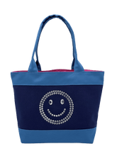 Load image into Gallery viewer, Mosmileco cute and fun tote bags made in USA from 100% cotton canvas with sparkly rhinestone embellished smiley face. Classy tote bags for everyday use, bling bling handbag gift for her and friends