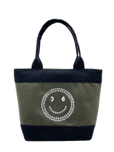 Load image into Gallery viewer, Mosmileco cute and fun tote bags made in USA from 100% cotton canvas with sparkly rhinestone embellished smiley face. Classy tote bags for everyday use, bling bling handbag gift for her and friends