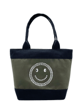 Load image into Gallery viewer, Mosmileco cute and fun tote bags made in USA from 100% cotton canvas with sparkly rhinestone embellished smiley face. Classy tote bags for everyday use, bling bling handbag gift for her and friends
